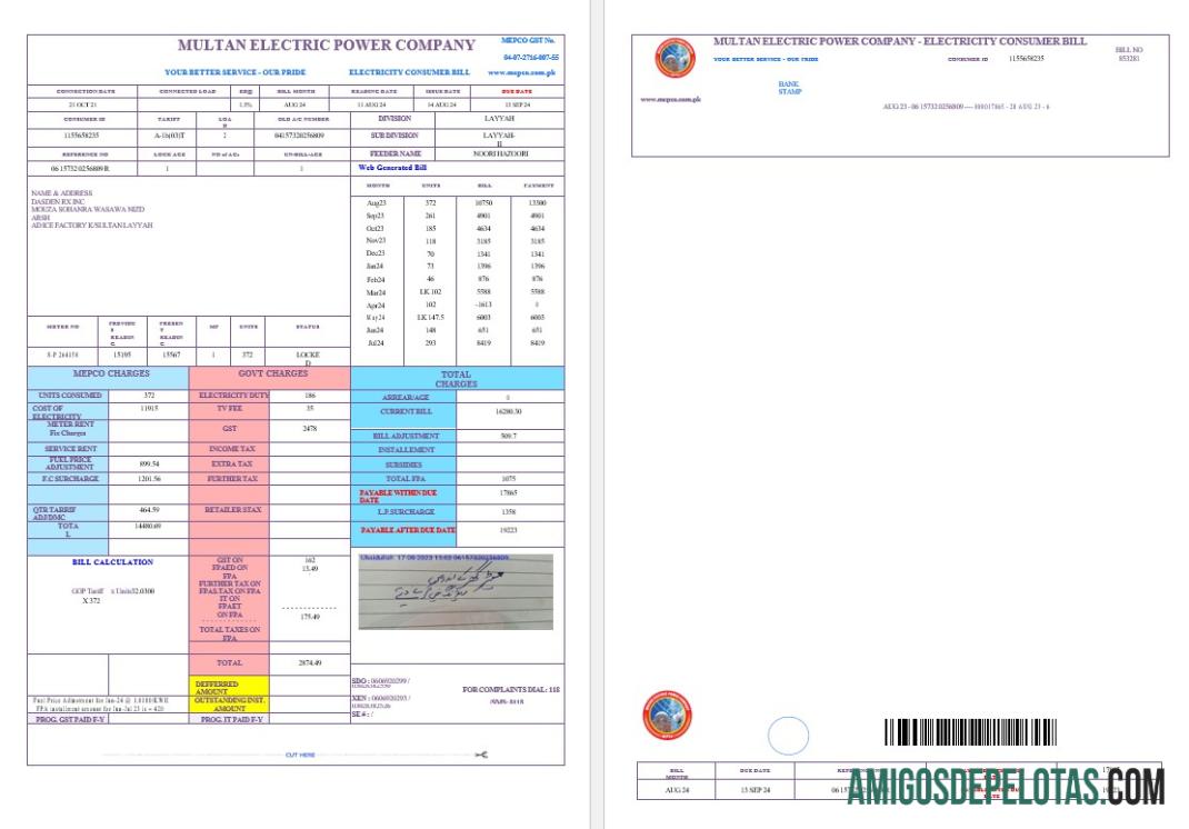 realista PAQUISTÃO MULTAN ENERGIA ELÉTRICA Business Utility Bill Word e modelo PDF, versão 2